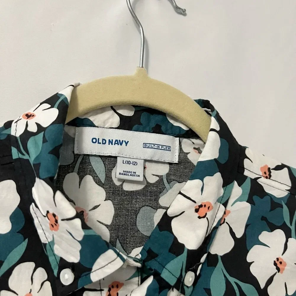 Old Navy Boys Built in Flex Floral Multicolor Casual Button Down L 10-12